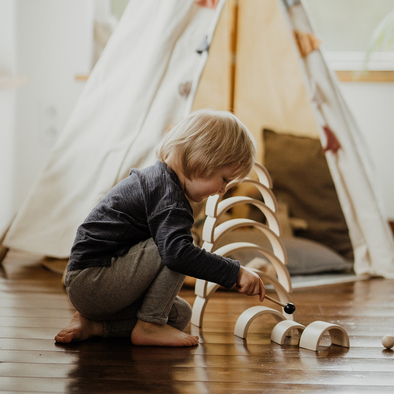 Curcubeu Montessori din lemn natur, 9 piese, leg&go