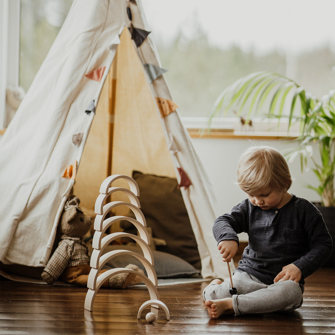 Curcubeu Montessori din lemn natur, 9 piese, leg&go