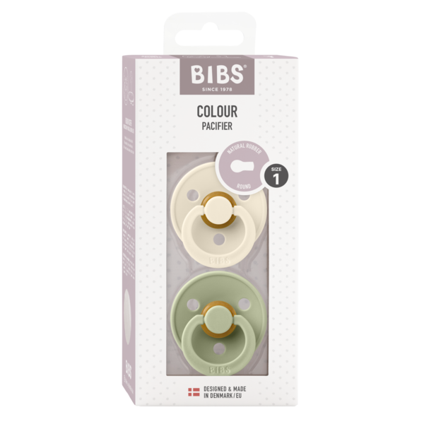 BIBS - Set 2 suzete Colour Latex, tetina rotunda, 0 luni +-Ivory/Sage