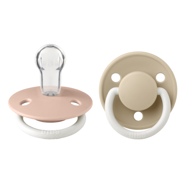 BIBS - Set 2 suzete Fosforescente  De Lux GLOW Silicon, tetina rotunda, marime universala-Blush/Vanilla