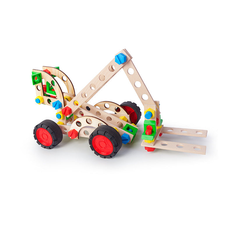 Set constructie 88 piese din lemn Constructor Junior-Motostivuitor 3in1, +4 ani, Alexander
