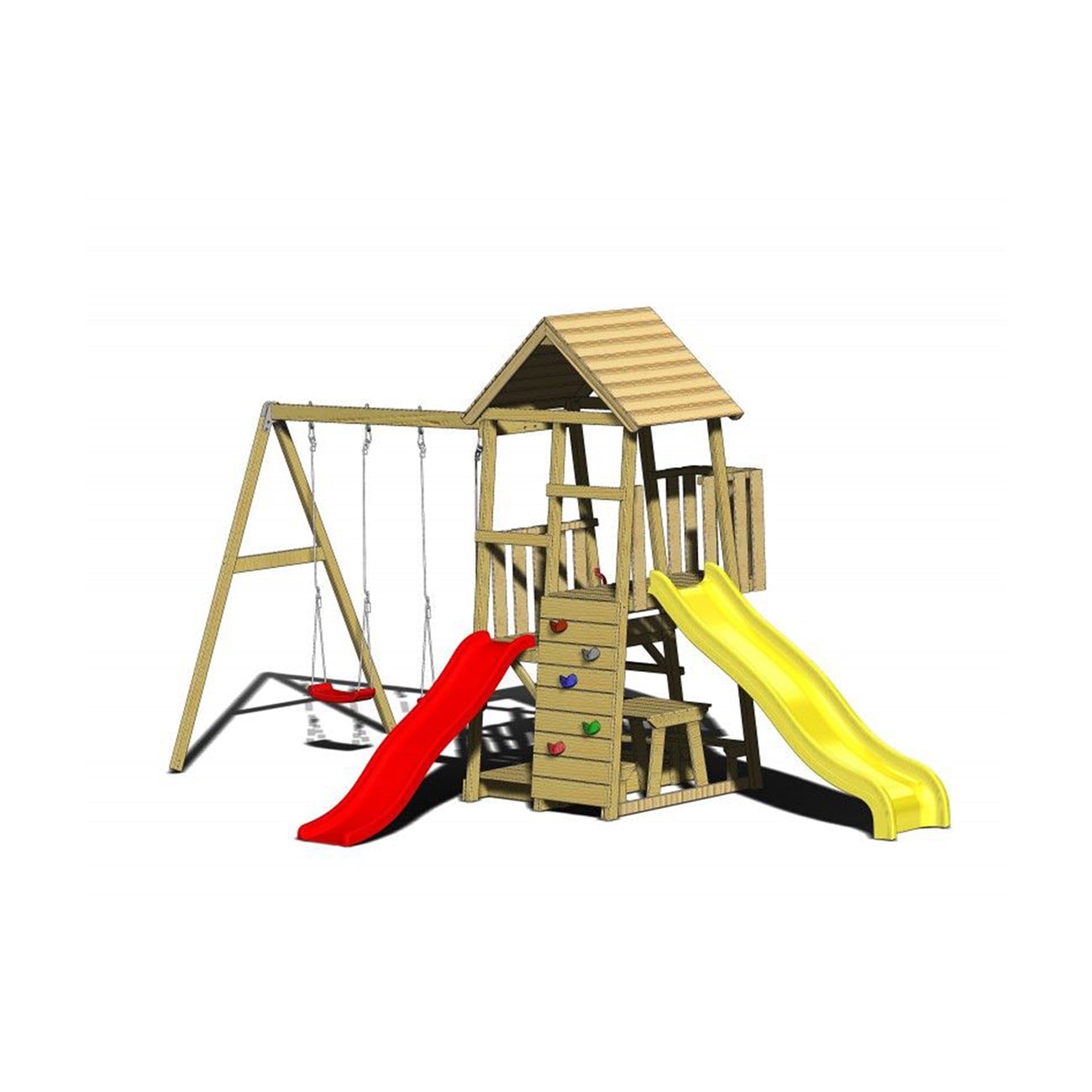 Turn de joaca cu 2 platforme, panou de catarare, 2 tobogane, 2 leagane, masuta de picnic cu bancute si lada de nisip, +3ani, Wendi Toys