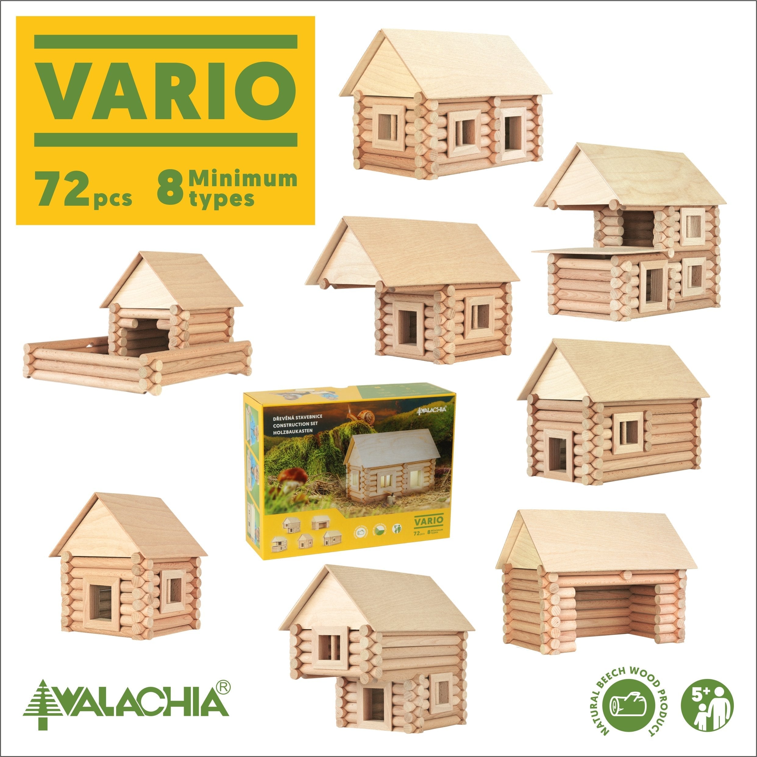 Set constructie arhitectura Vario, 72 piese din lemn, Walachia - Manute Creative