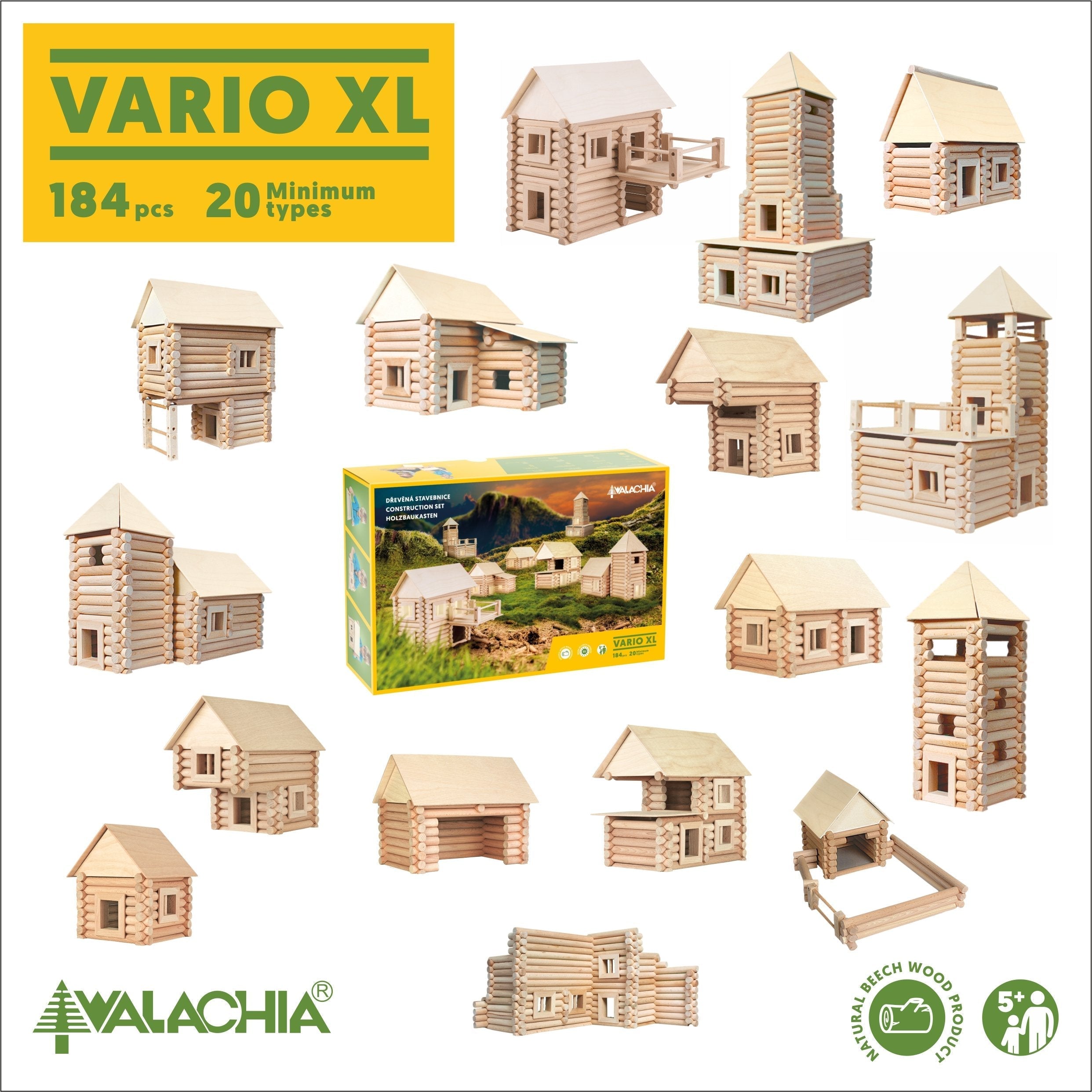 Set constructie arhitectura Vario XL, 184 piese din lemn, Walachia - Manute Creative