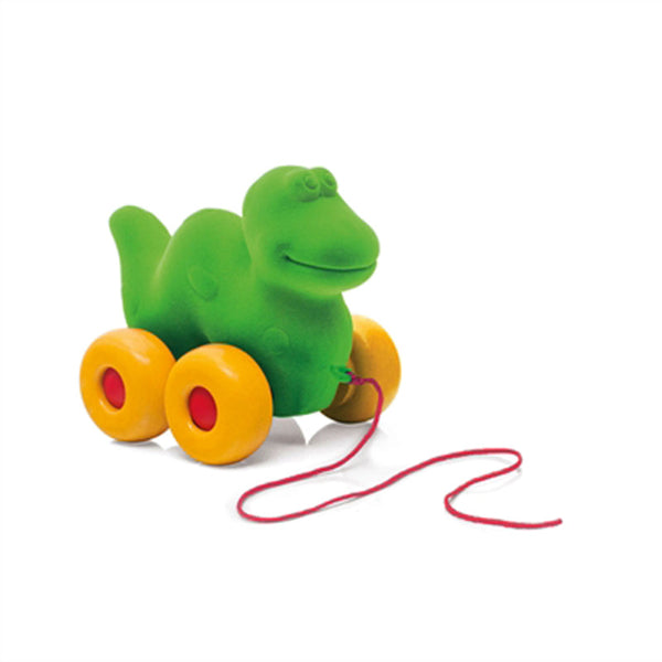 Jucarie de tras din cauciuc natural, Dinozaur, verde, 19 cm, 1an + Rubbabu