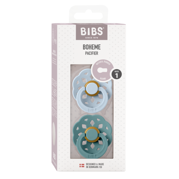 BIBS - Set 2 suzete Boheme Latex, tetina rotunda, 0 luni +-Baby Blue/Island Sea