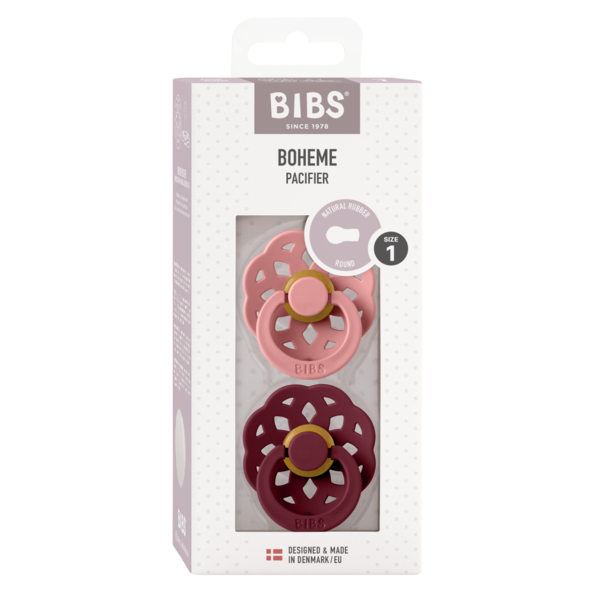 BIBS - Set 2 suzete Boheme Latex, tetina rotunda, 0 luni +-Dusty Pink/Elderberry