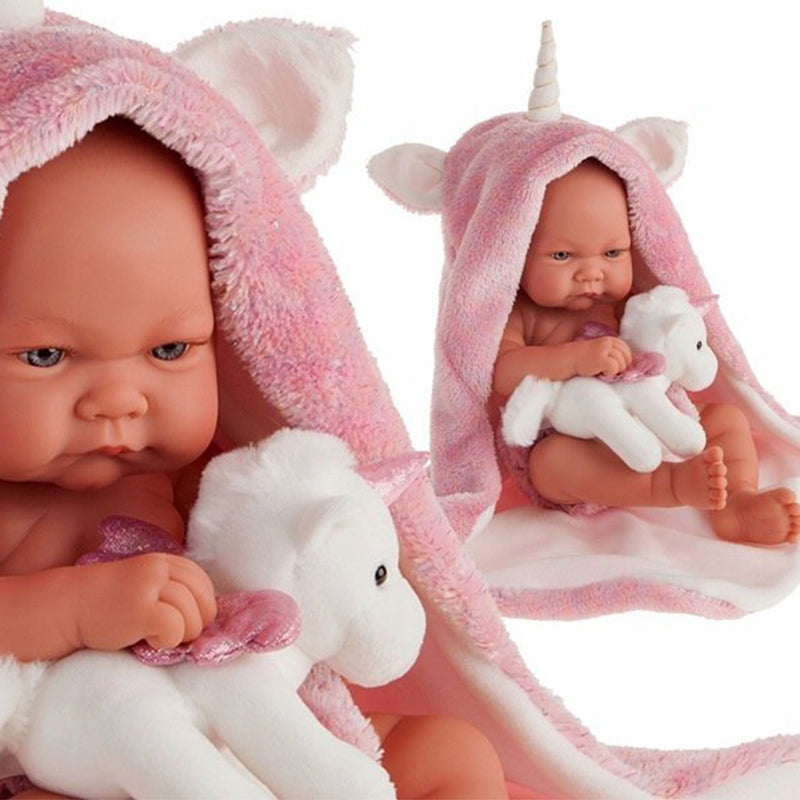 Papusa bebe realist Nica cu prosopel unicorn, corp realist anatomic, Antonio Juan