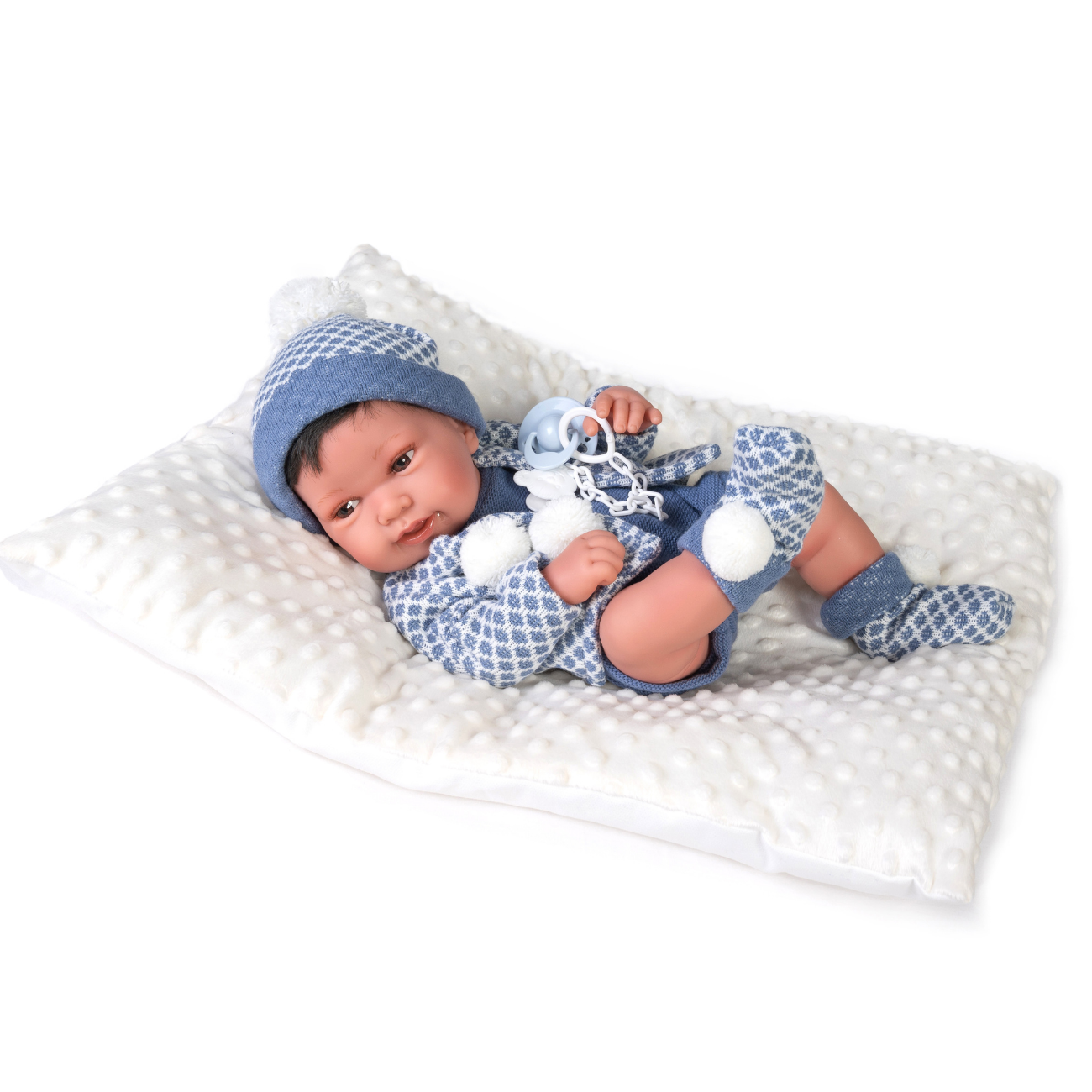 Papusa Baiat Bebe Realist Pipo Cu Salteluta Pufoasa, Corp Anatomic Corect, Alb-Albastru, Antonio Juan