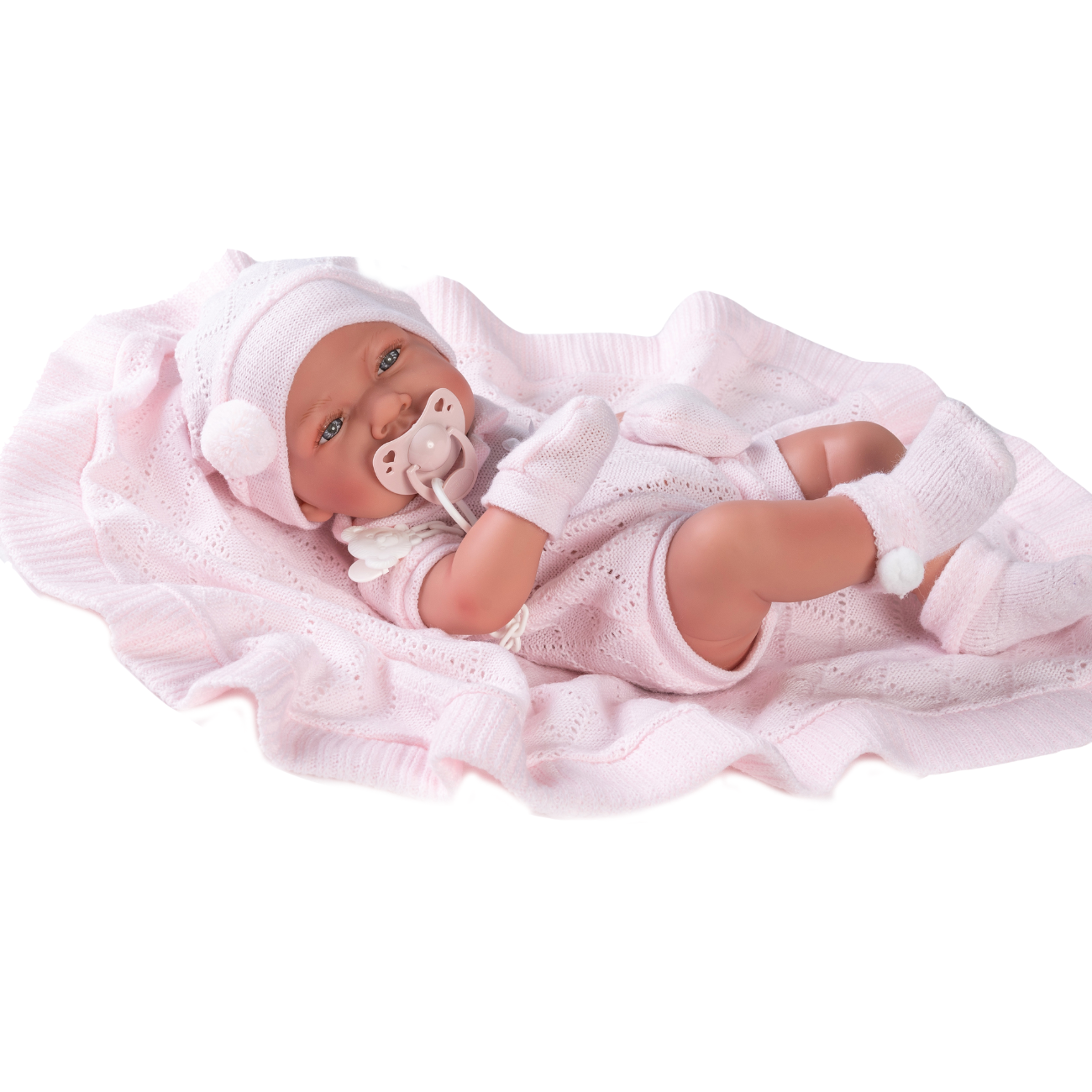 Papusa bebe realist Toqui-fetita cu paturica, corp anatomic corect, alb-roz, corp realist anatomic, Antonio Juan