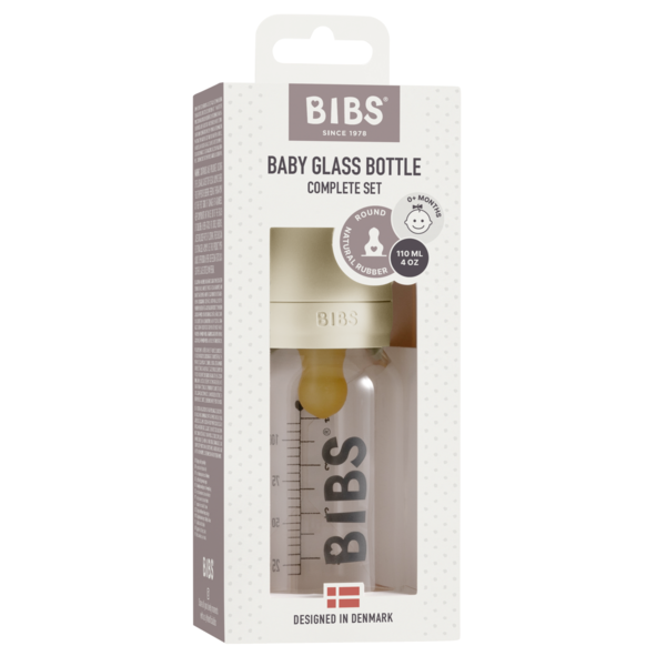Set complet biberon din sticla anticolici, 110 ml, Ivory, BIBS