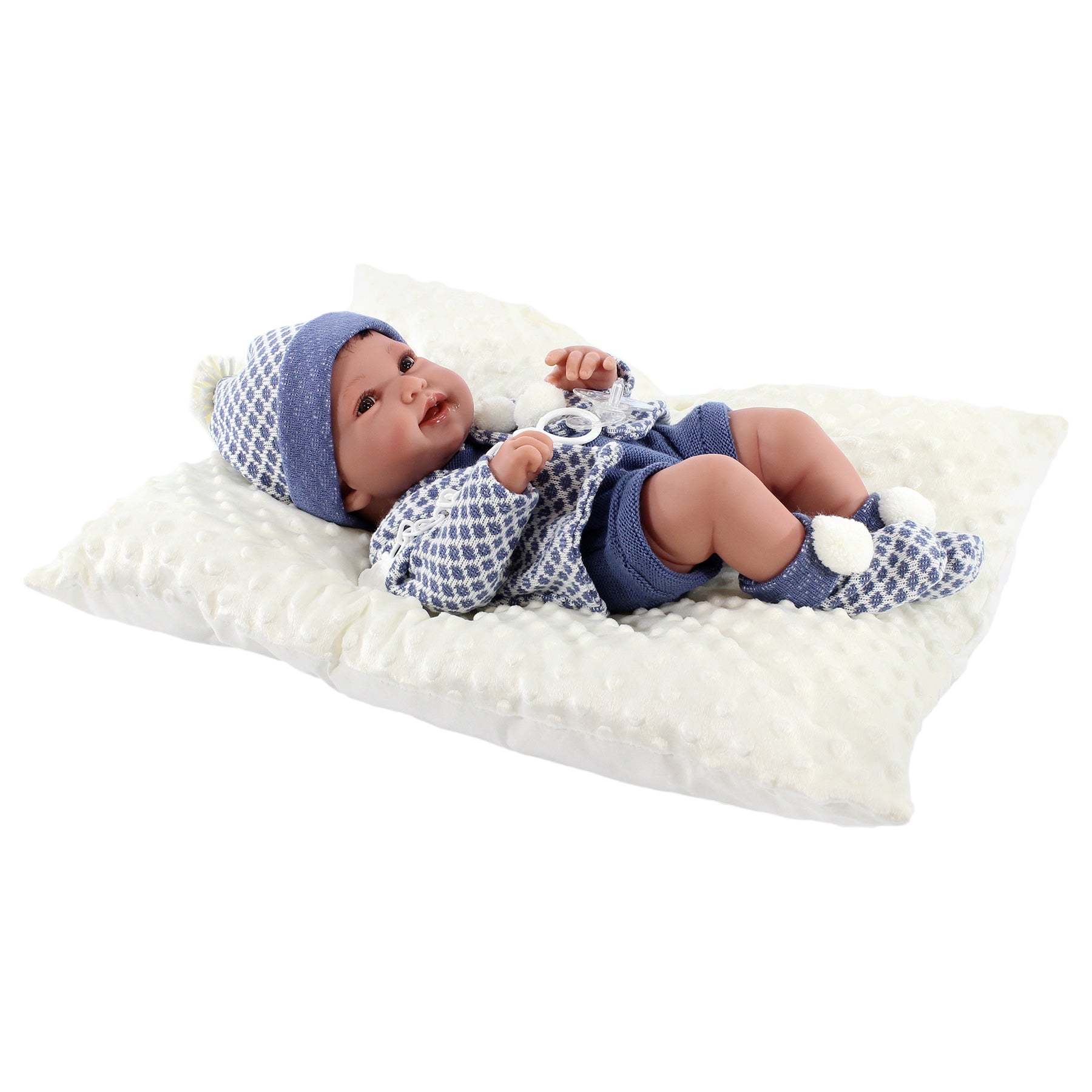 Papusa Baiat Bebe Realist Pipo Cu Salteluta Pufoasa, Corp Anatomic Corect, Alb-Albastru, Antonio Juan