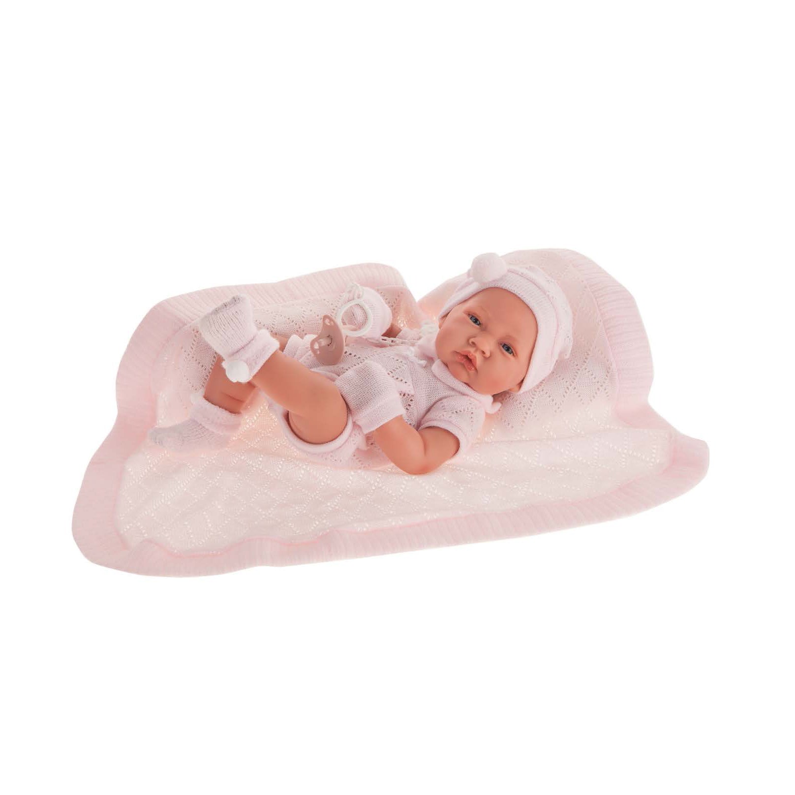 Papusa bebe realist Toqui-fetita cu paturica, corp anatomic corect, alb-roz, corp realist anatomic, Antonio Juan