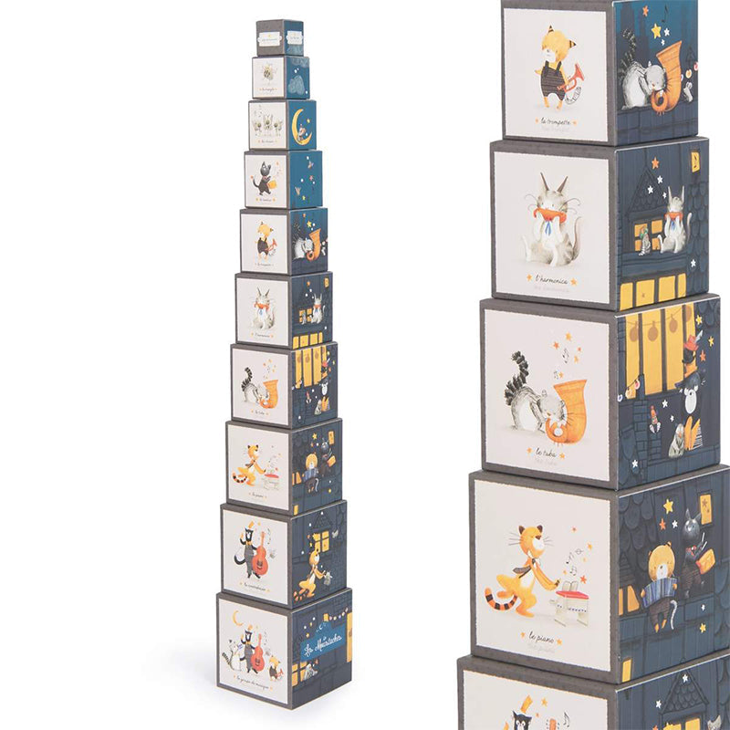 Set cuburi de stivuit Les Moustaches, cu 5 povesti, Moulin Roty