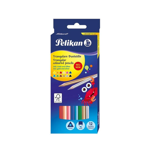 Set 12 creioane colorate triunghiulare + auriu si argintiu Pelikan
