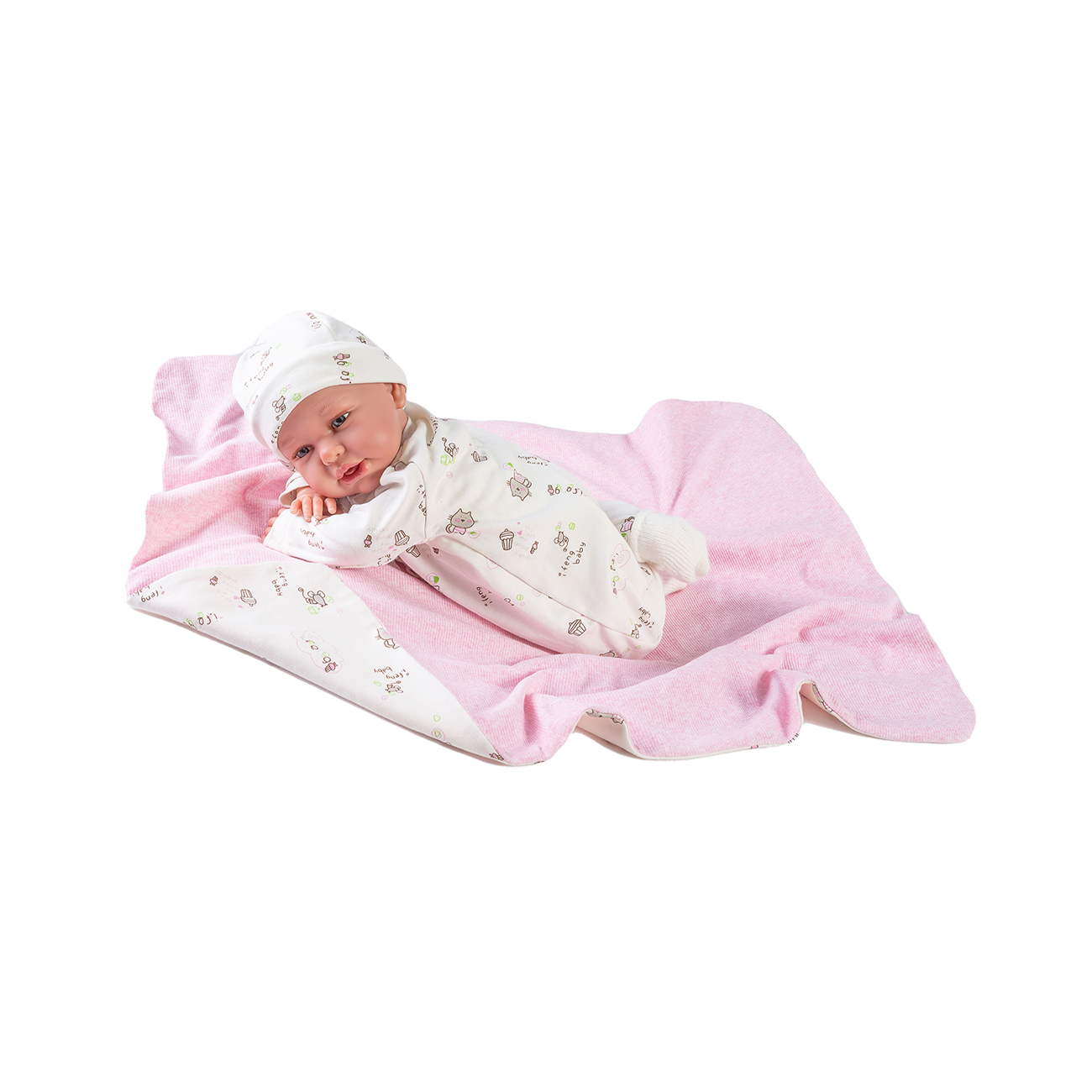 Papusa Primul meu Reborn Daniela cu paturica cu pisicute, alb-roz pal, Antonio Juan