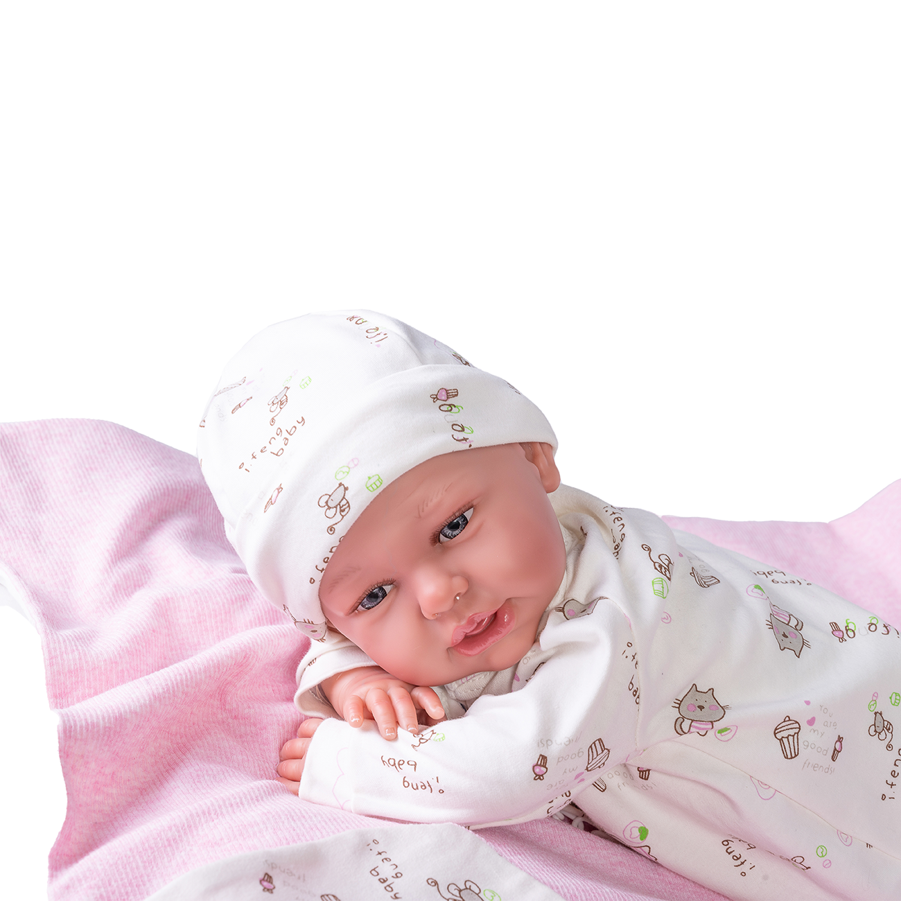 Papusa Primul meu Reborn Daniela cu paturica cu pisicute, alb-roz pal, Antonio Juan