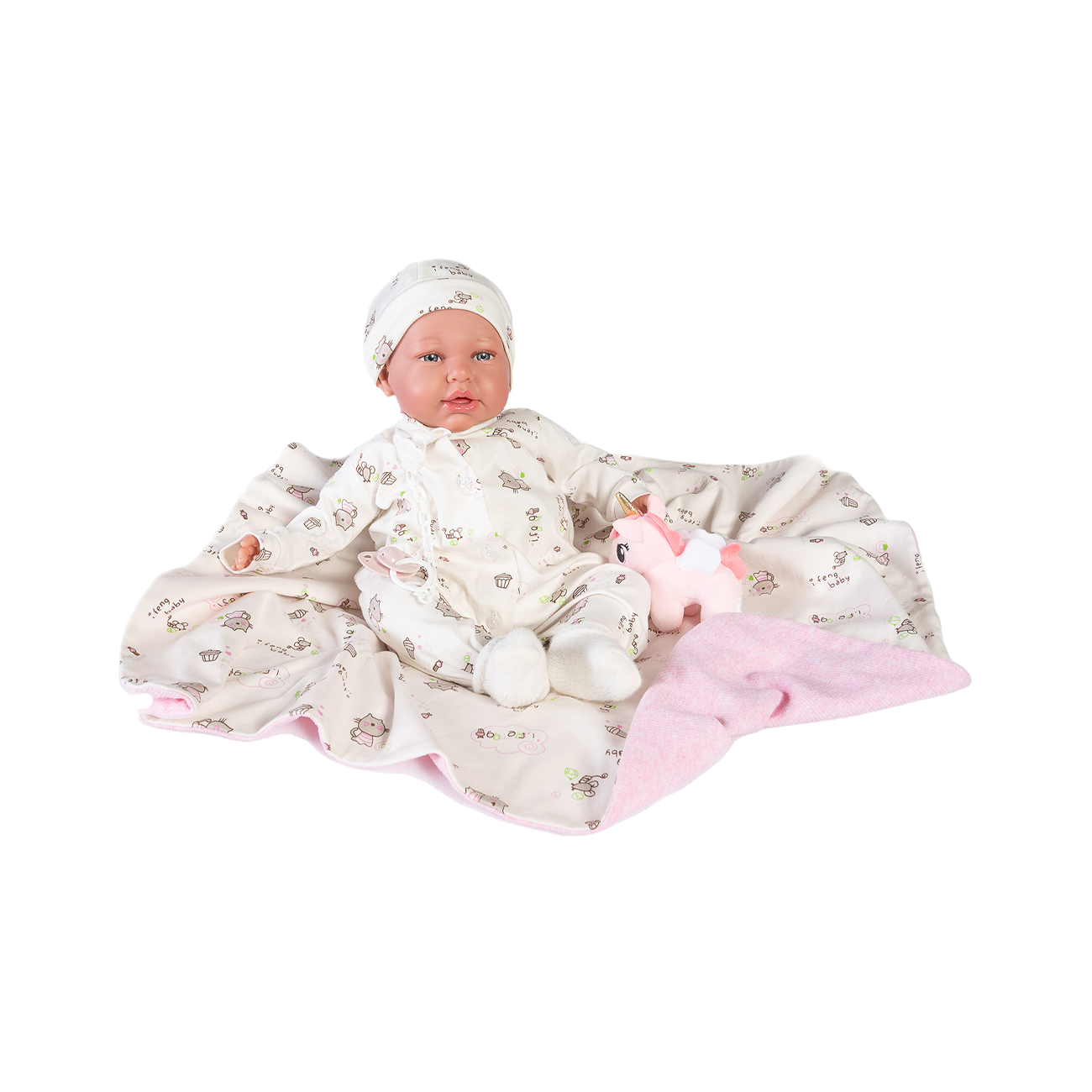 Papusa Primul meu Reborn Daniela cu paturica cu pisicute, alb-roz pal, Antonio Juan