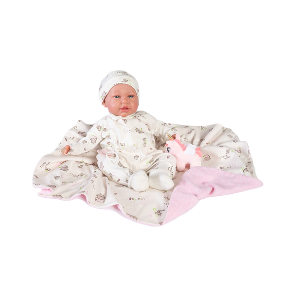 Papusa Primul meu Reborn Daniela cu paturica cu pisicute, alb-roz pal, Antonio Juan