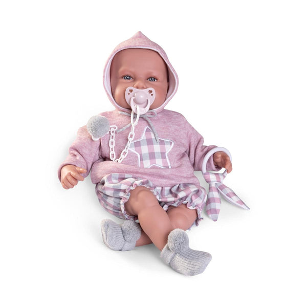 Papusa Realista Fetita Babydoo Palabritas, Corp din Tesatura cu Mecanism Care Gangure, cu Steluta, 50 cm, +3 ani, Antonio Juan