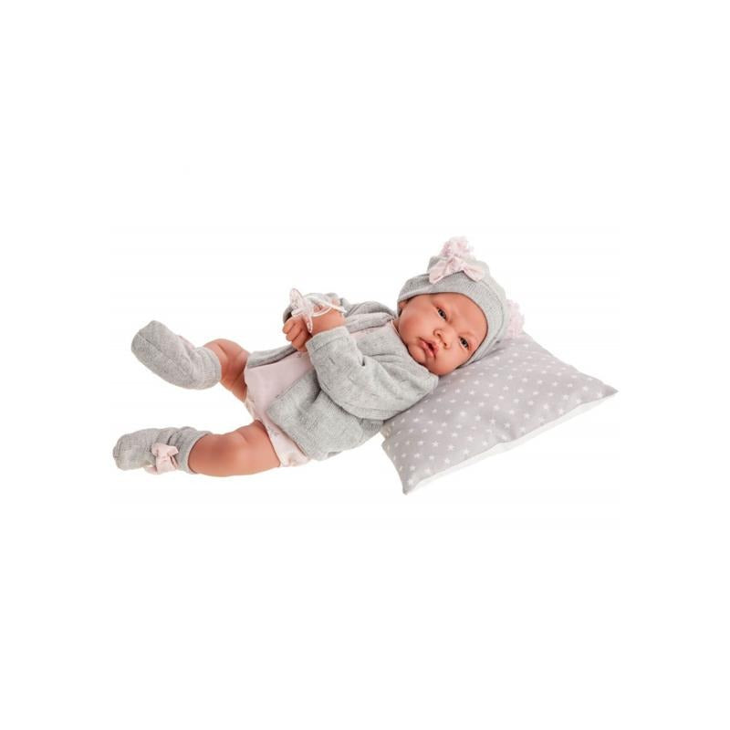 Papusa bebe realist Nacida Reborn cu pernuta, cu articulatii, gri, Antonio Juan - Manute Creative
