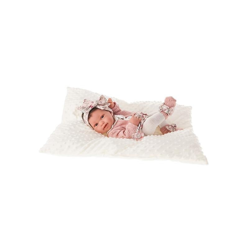 Papusa bebe realist Pipa Reborn cu pernuta, cu articulatii, alb-roz, corp realist anatomic, Antonio Juan - Manute Creative