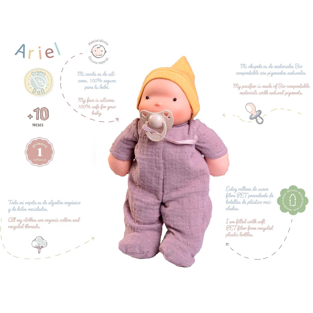 Papusa Organica Ariel Lila, cu Fata din Silicon, 26 cm, +10 Luni, Antonio Juan