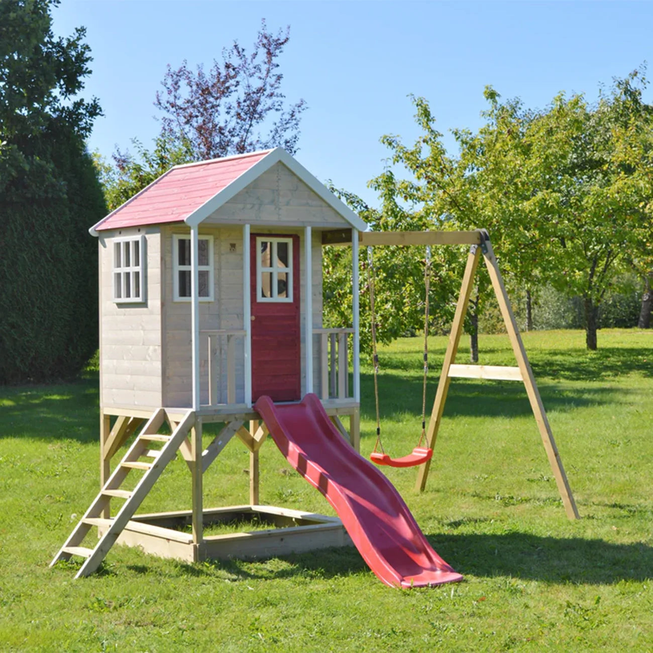 Casuta de gradina pentru copii, Nordic Adventure House cu platforma, loc pentru nisip, tobogan si leagan, +3ani, Wendi Toys