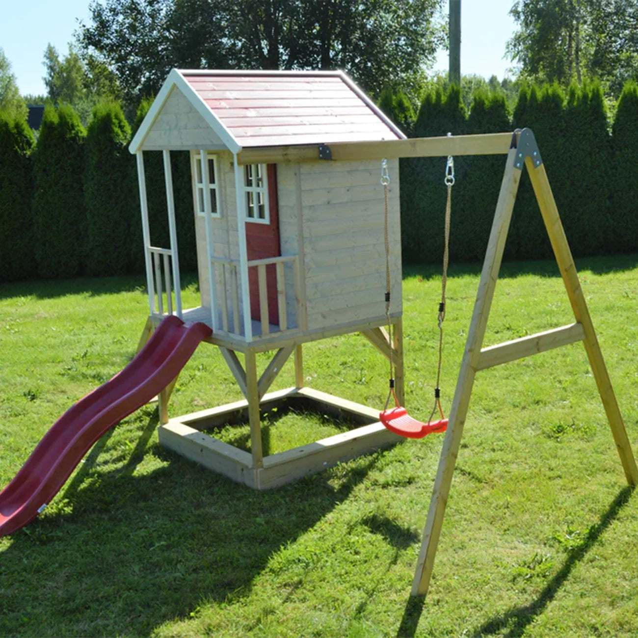 Casuta de gradina pentru copii, Nordic Adventure House cu platforma, loc pentru nisip, tobogan si leagan, +3ani, Wendi Toys
