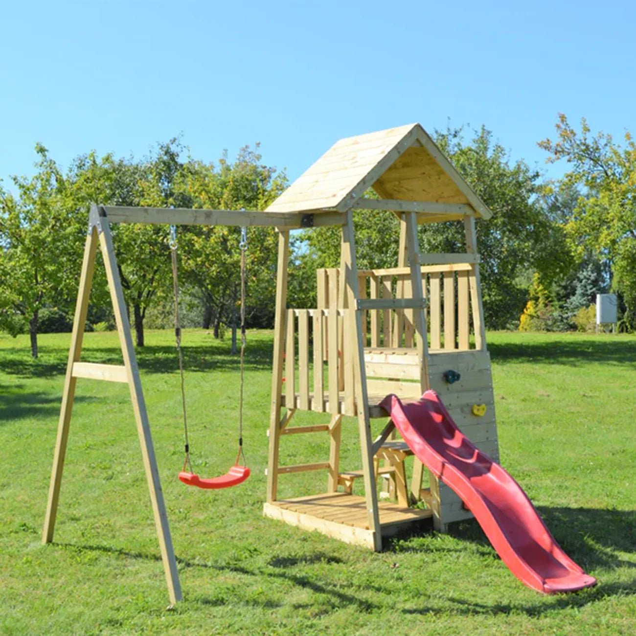 Turn de joaca cu 2 platforme, panou de catarare, tobogan, leagan, masuta de picnic cu bancute si lada de nisip, +3ani, Wendi Toys