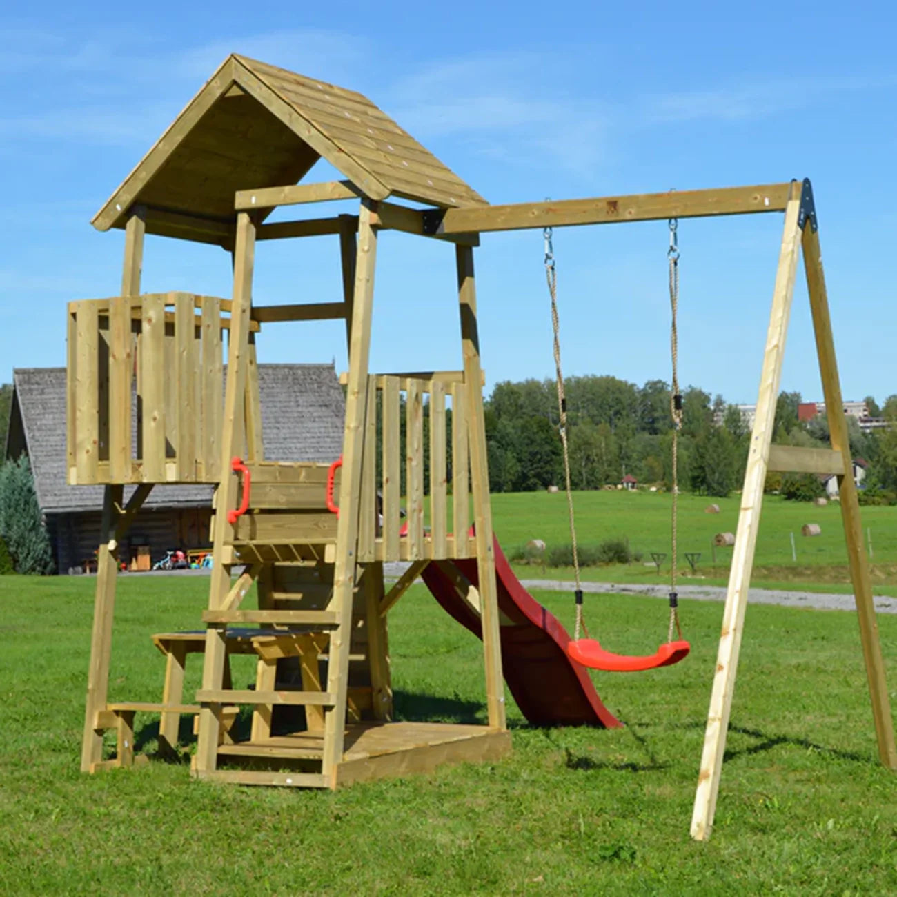 Turn de joaca cu 2 platforme, panou de catarare, 2 tobogane, leagan, masuta de picnic cu bancute si lada de nisip, +3ani, Wendi Toys