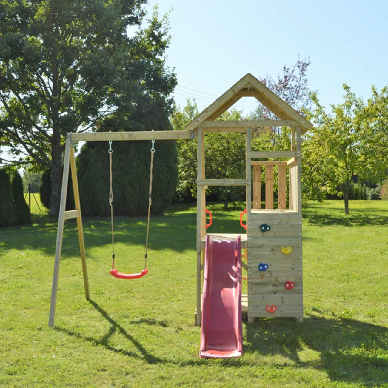 Turn de joaca cu 2 platforme, panou de catarare, tobogan, leagan, masuta de picnic cu bancute si lada de nisip, +3ani, Wendi Toys