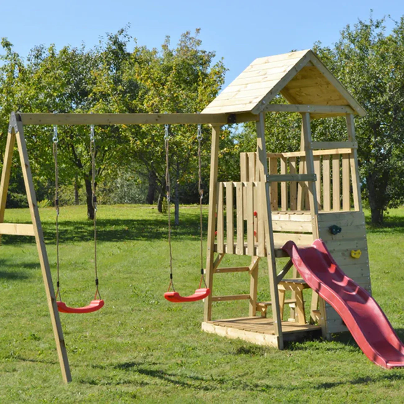 Turn de joaca cu 2 platforme, panou de catarare, tobogan, 2 leagane, masuta de picnic cu bancute si lada de nisip, +3ani, Wendi Toys