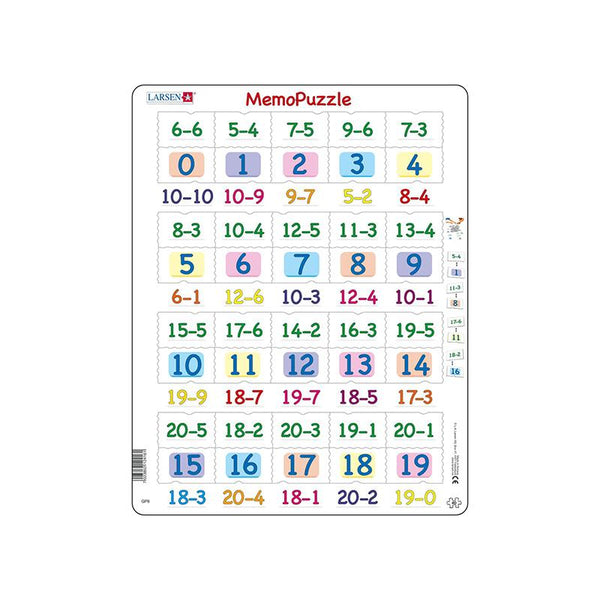 Puzzle maxi Memo cu scaderi cu numere intre 0 si 20, orientare tip portret, 40 de piese, Larsen