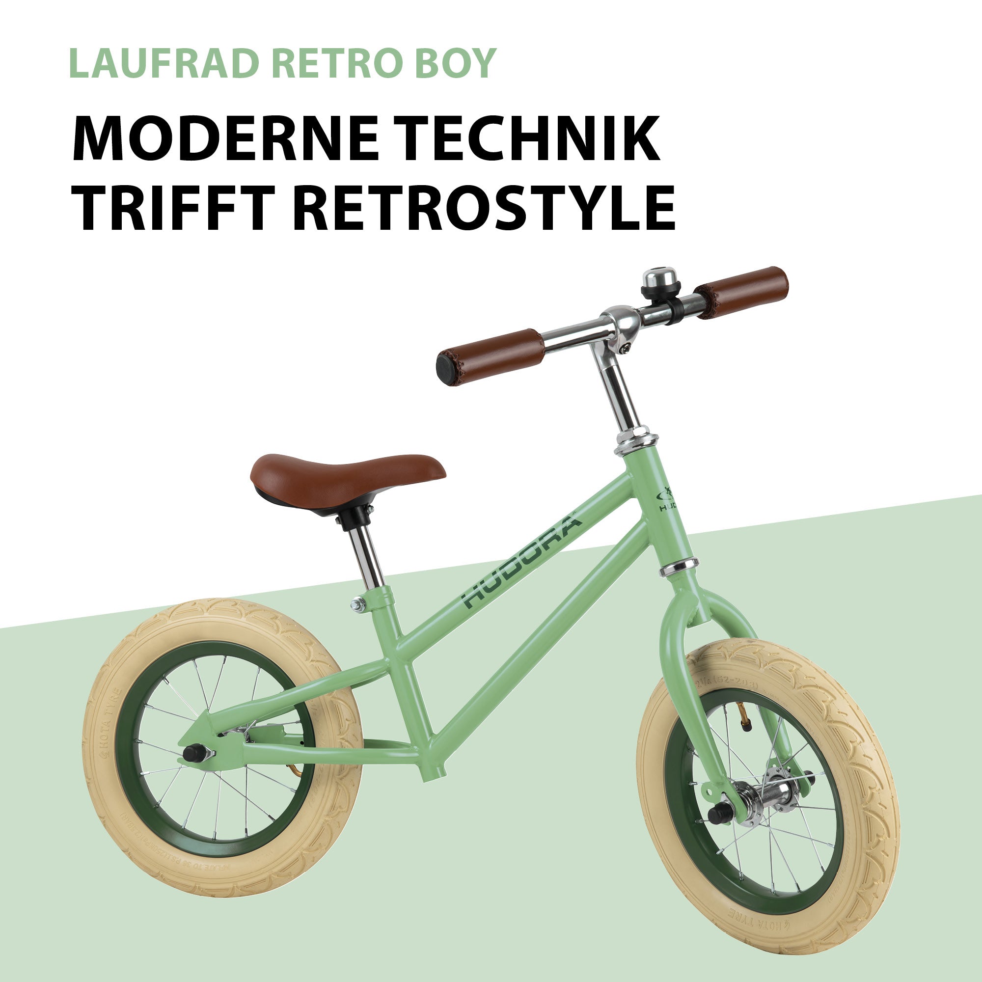 Bicicletă De Echilibru Retro Verde Cu Cos, Buzunar Si Claxon Vintage, Hudora