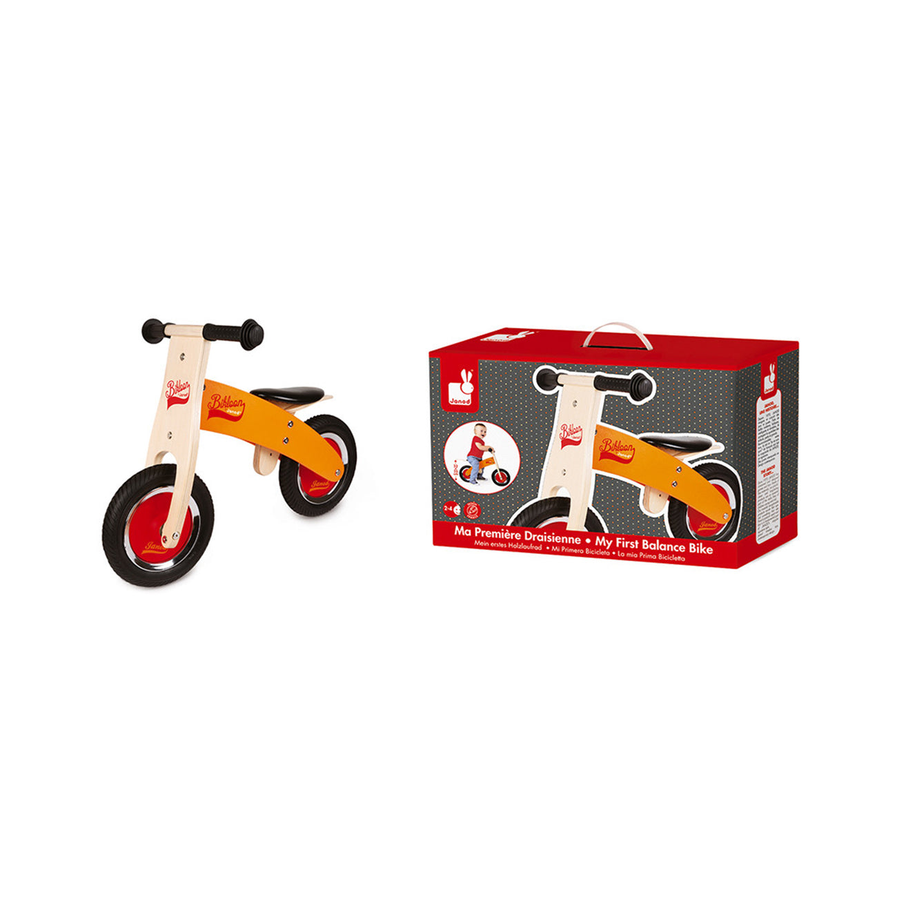 Bicicleta fara pedale, din lemn, rosu/portocaliu, +2 ani, Janod