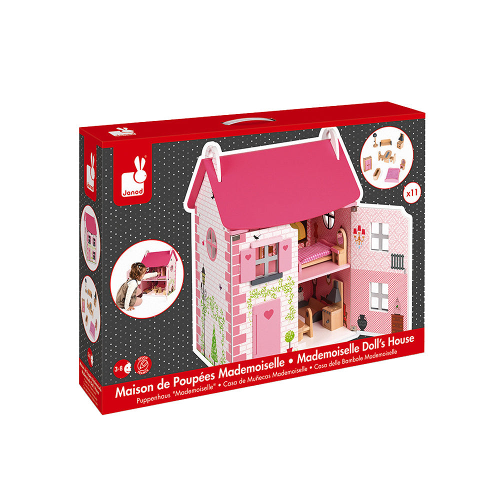 Casuta de papusi, Mademoiselle, roz, din lemn, +3 ani, Janod