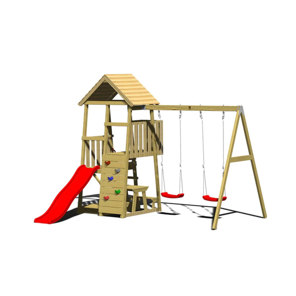 Turn de joaca cu 2 platforme, panou de catarare, tobogan, 2 leagane, masuta de picnic cu bancute si lada de nisip, +3ani, Wendi Toys
