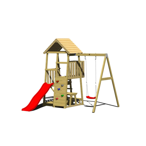 Turn de joaca cu 2 platforme, panou de catarare, tobogan, leagan, masuta de picnic cu bancute si lada de nisip, +3ani, Wendi Toys