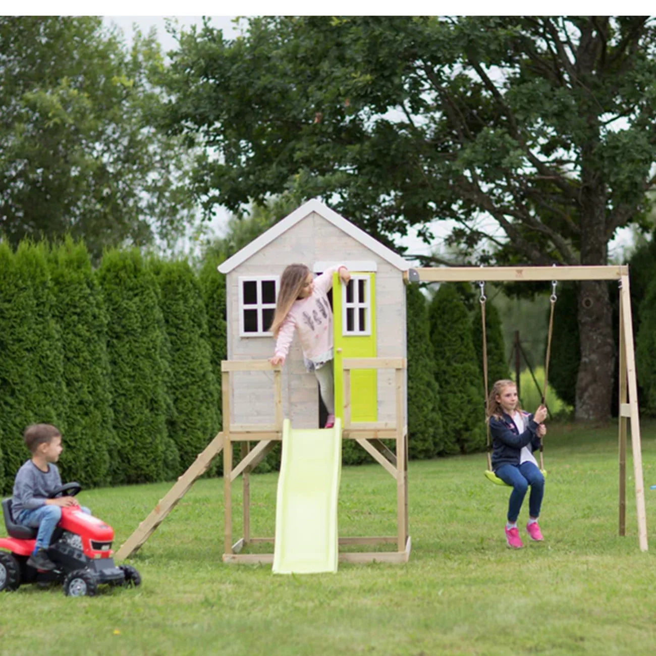 Casuta de gradina pentru copii Lime Lodge cu platforma, tobogan si leagan, +3ani, Wendi Toys