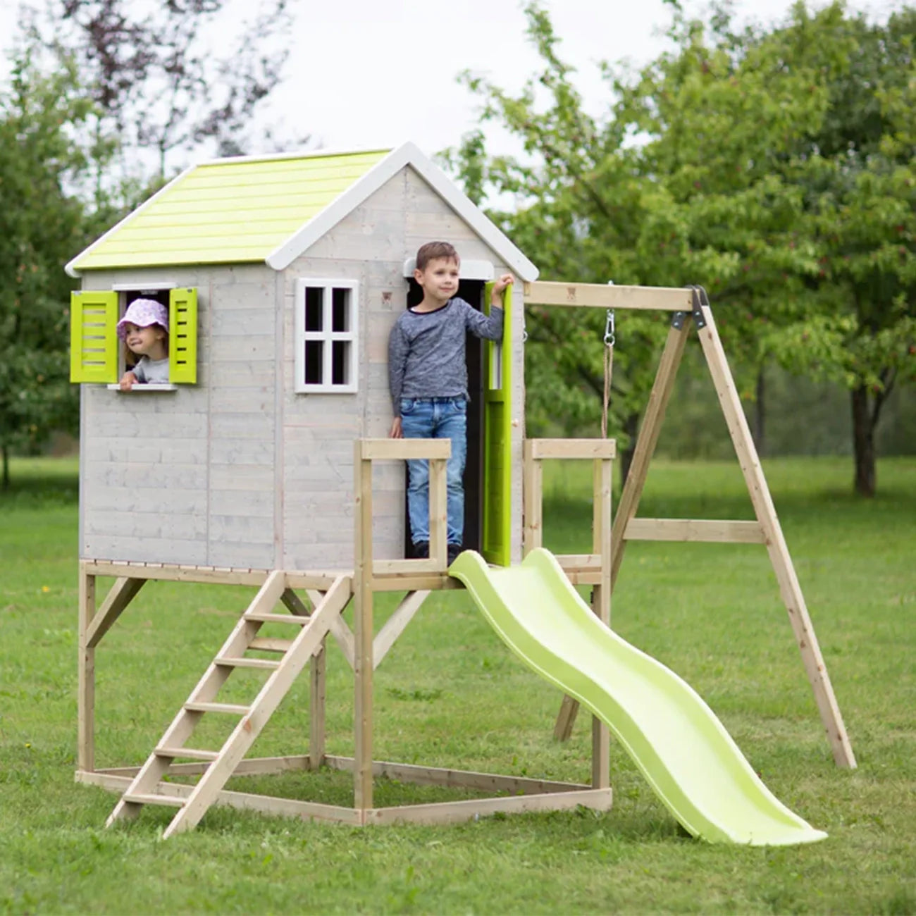 Casuta de gradina pentru copii Lime Lodge cu platforma, tobogan si leagan, +3ani, Wendi Toys