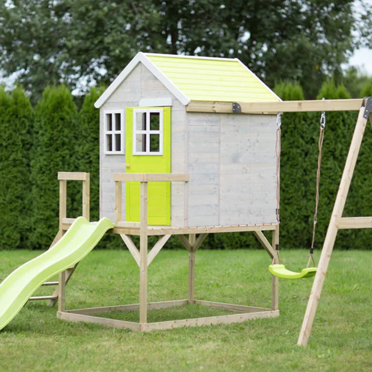 Casuta de gradina pentru copii Lime Lodge cu platforma, tobogan si leagan, +3ani, Wendi Toys