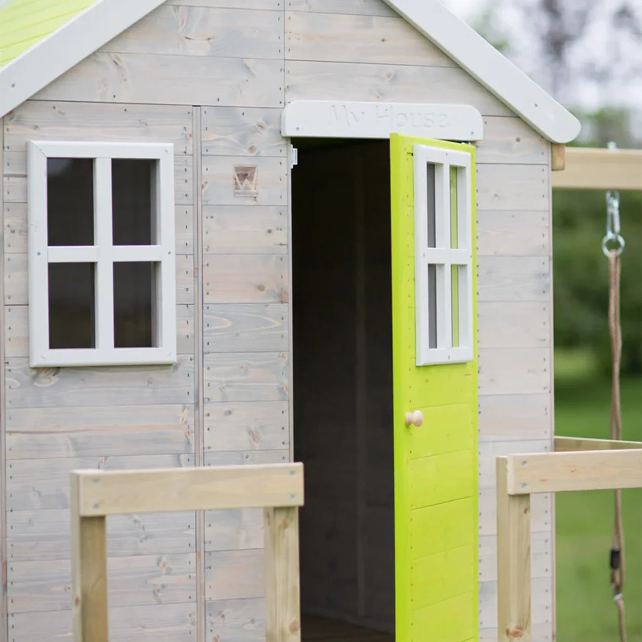 Casuta de gradina pentru copii Lime Lodge cu platforma, tobogan si leagan, +3ani, Wendi Toys