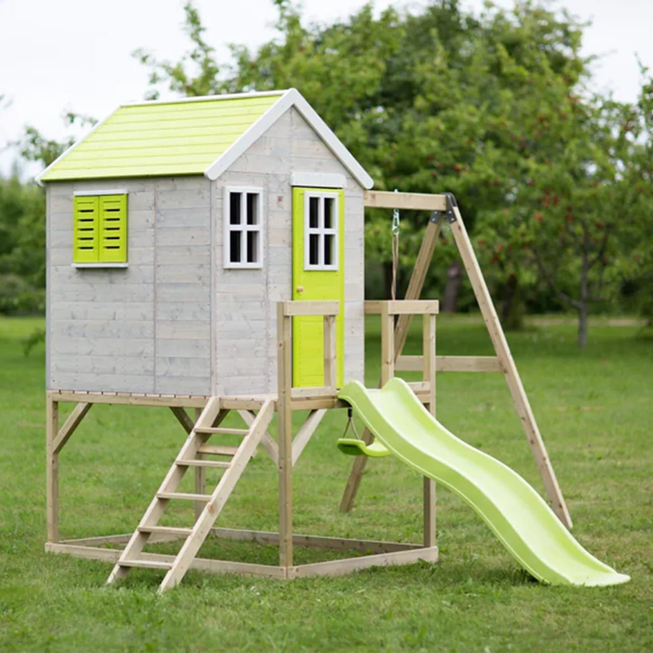 Casuta de gradina pentru copii Lime Lodge cu platforma, tobogan si leagan, +3ani, Wendi Toys