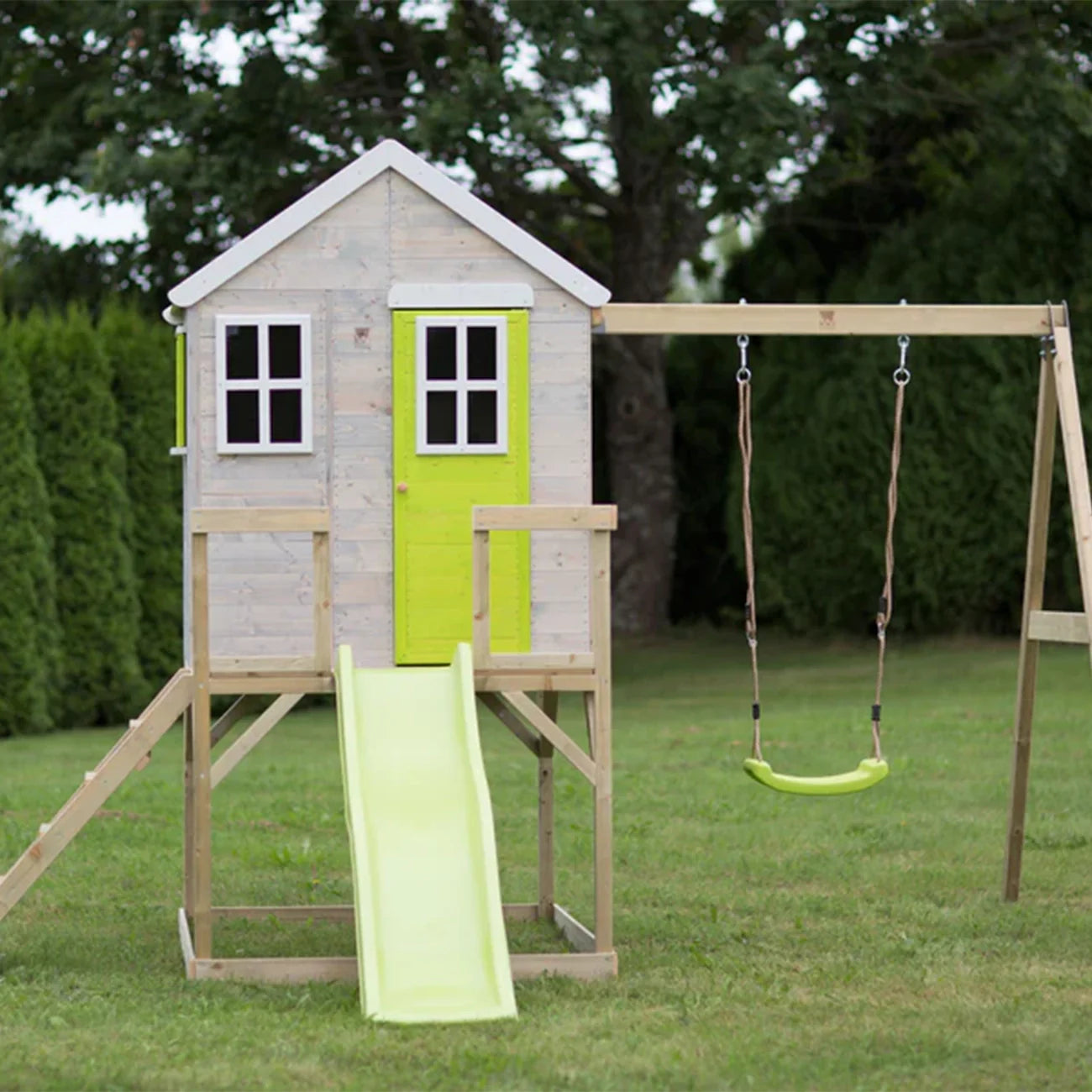 Casuta de gradina pentru copii Lime Lodge cu platforma, tobogan si leagan, +3ani, Wendi Toys