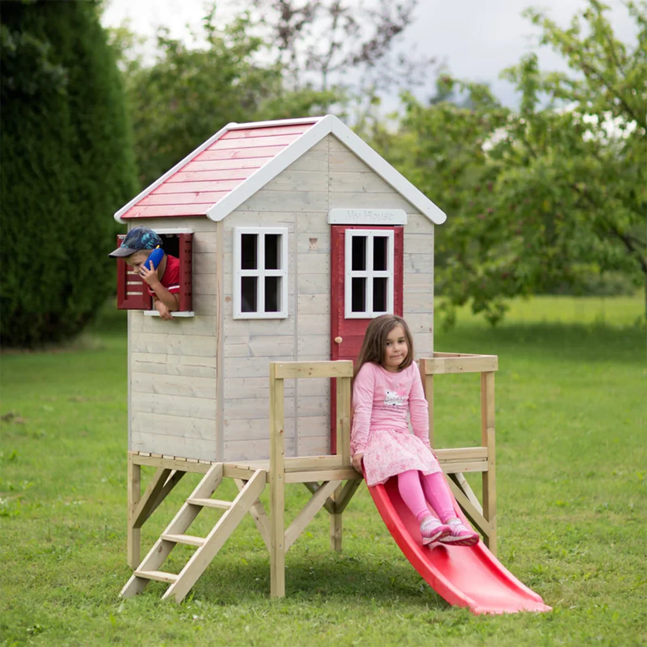 Casuta de gradina pentru copii, My Red Cottage House cu platforma si tobogan, +3ani, Wendi Toys