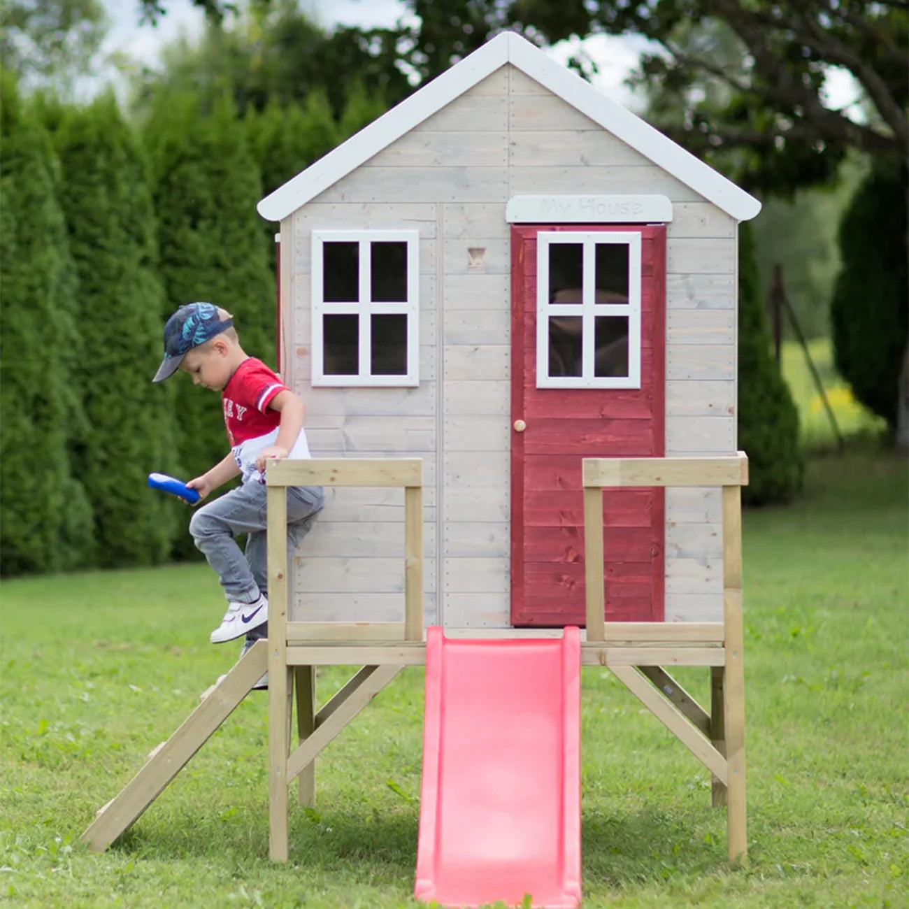 Casuta de gradina pentru copii, My Red Cottage House cu platforma si tobogan, +3ani, Wendi Toys