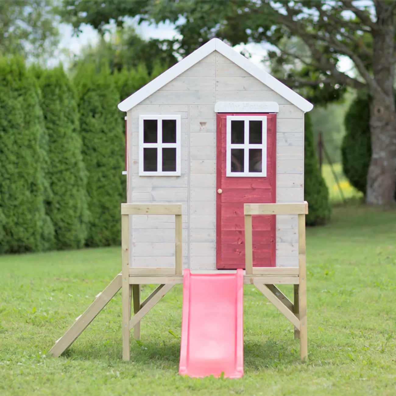 Casuta de gradina pentru copii, My Red Cottage House cu platforma si tobogan, +3ani, Wendi Toys