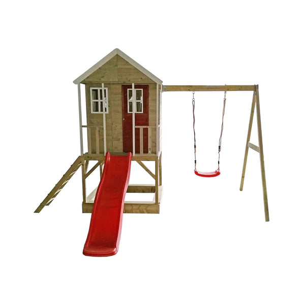 Casuta de gradina pentru copii, Nordic Adventure House cu platforma, loc pentru nisip, tobogan si leagan, +3ani, Wendi Toys