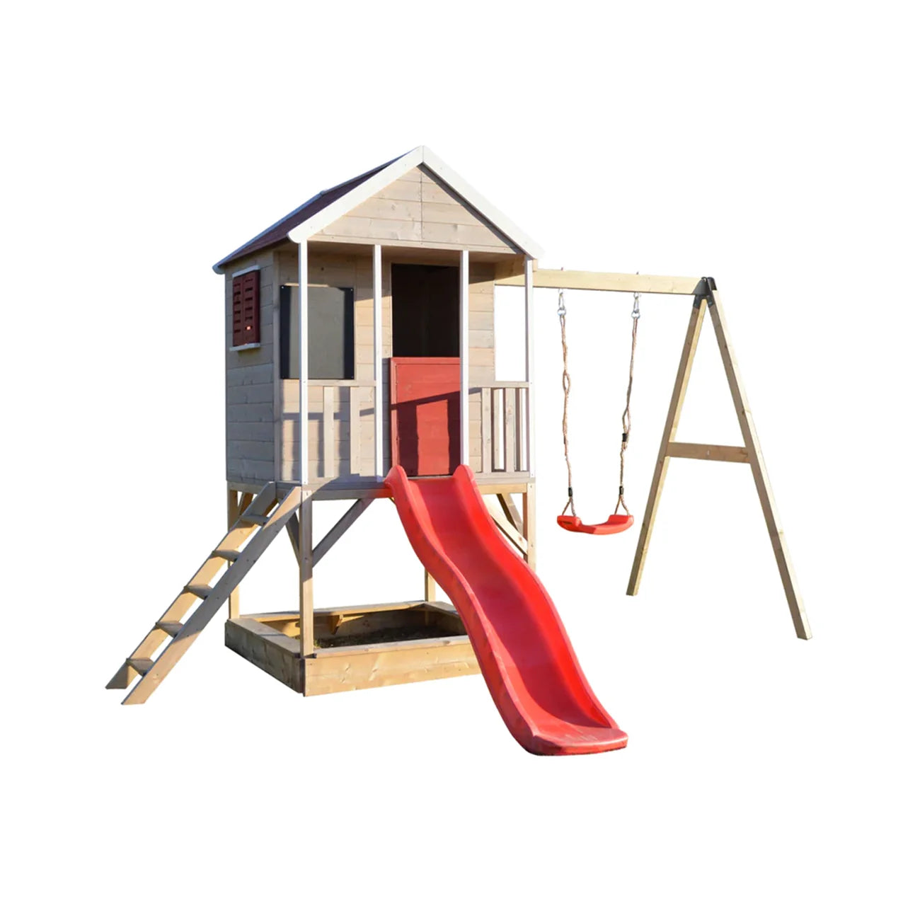 Casuta de gradina pentru copii, Summer Adventure House cu platforma, loc pentru nisip, tobogan si leagan,+3ani, Wendi Toys